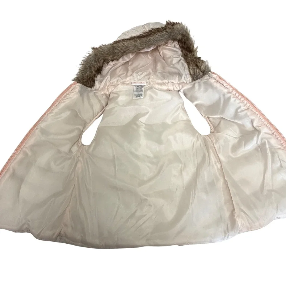 Little Lass Kids 4T Pink Cream Puffer Vest Gold Polka Dot Faux Fur Hood Floral